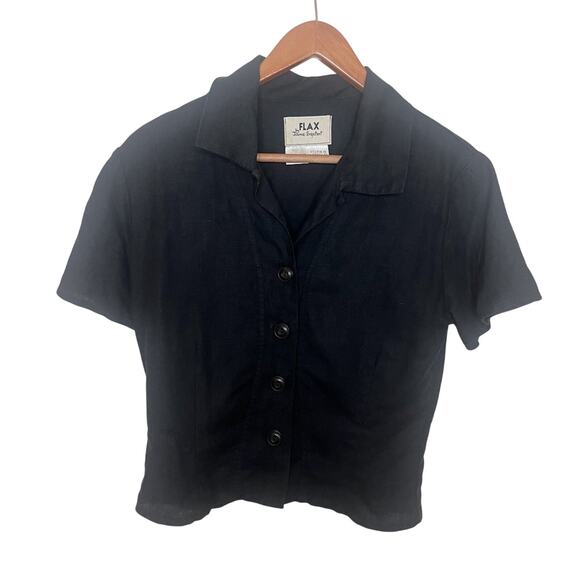 Flax 100% Linen Button Front Black Short Sleeve Cardigan Top Size PETITE - Picture 1 of 6